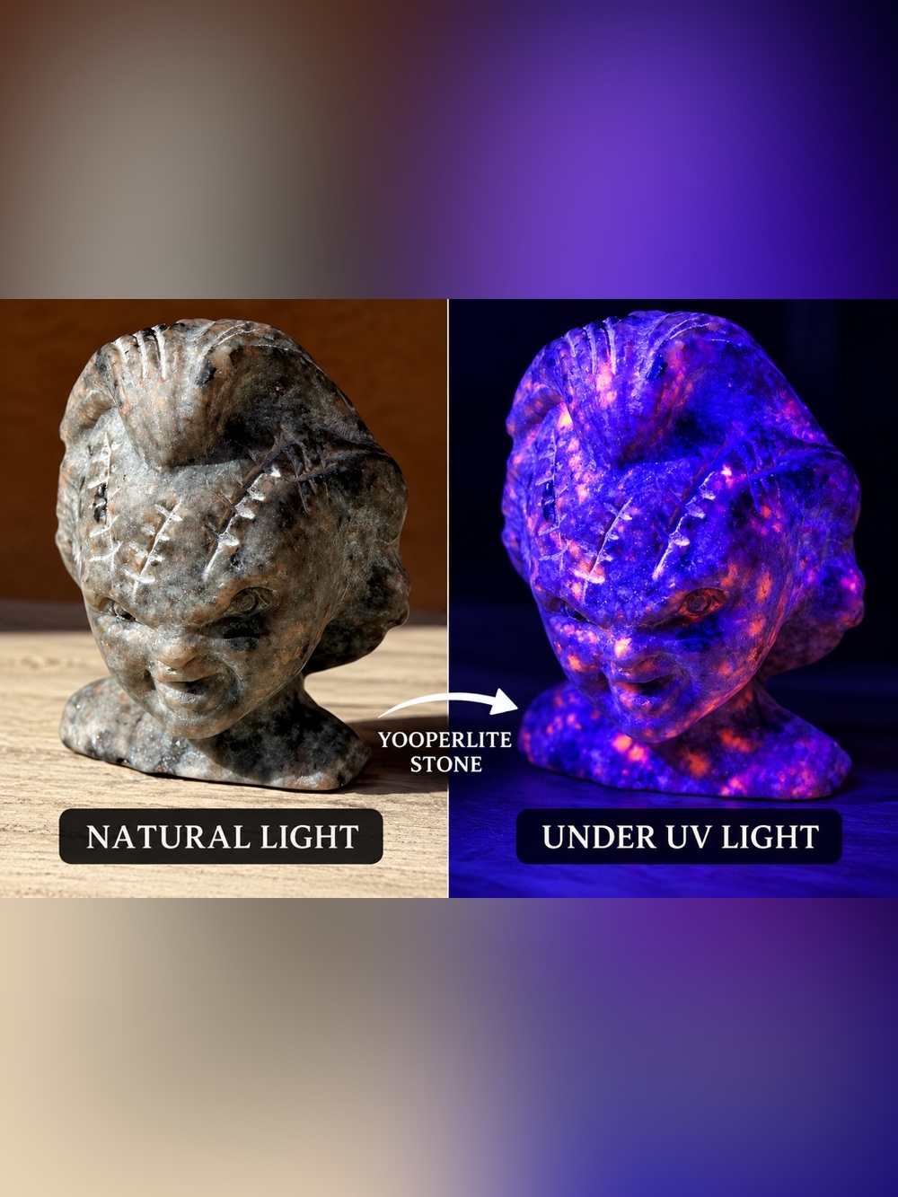 Yooperlite Chucky Head Carving UV Reactive Natural Stone Horror Decor